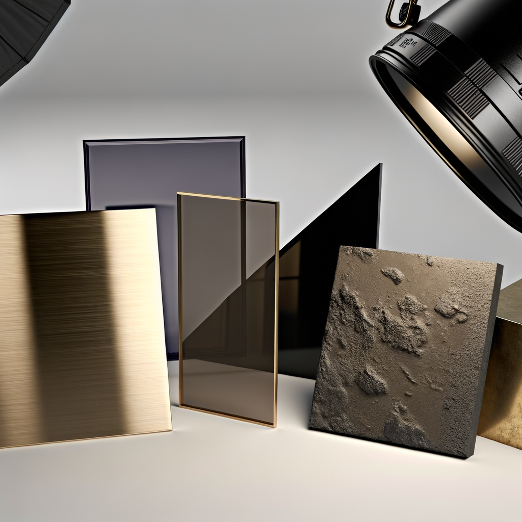 Macro photography of brushed brass, smoked glass, dark stone, matte plaster, and blackened metal materials